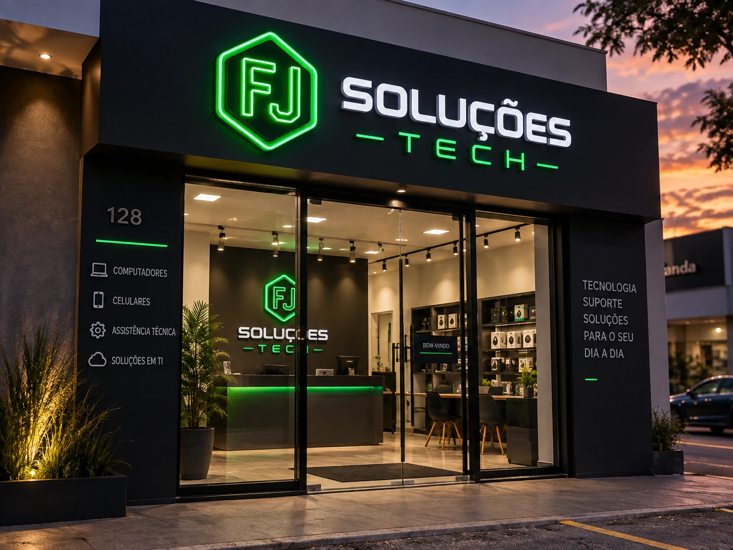 Conceito visual de fachada FJ Soluções Tech ao entardecer