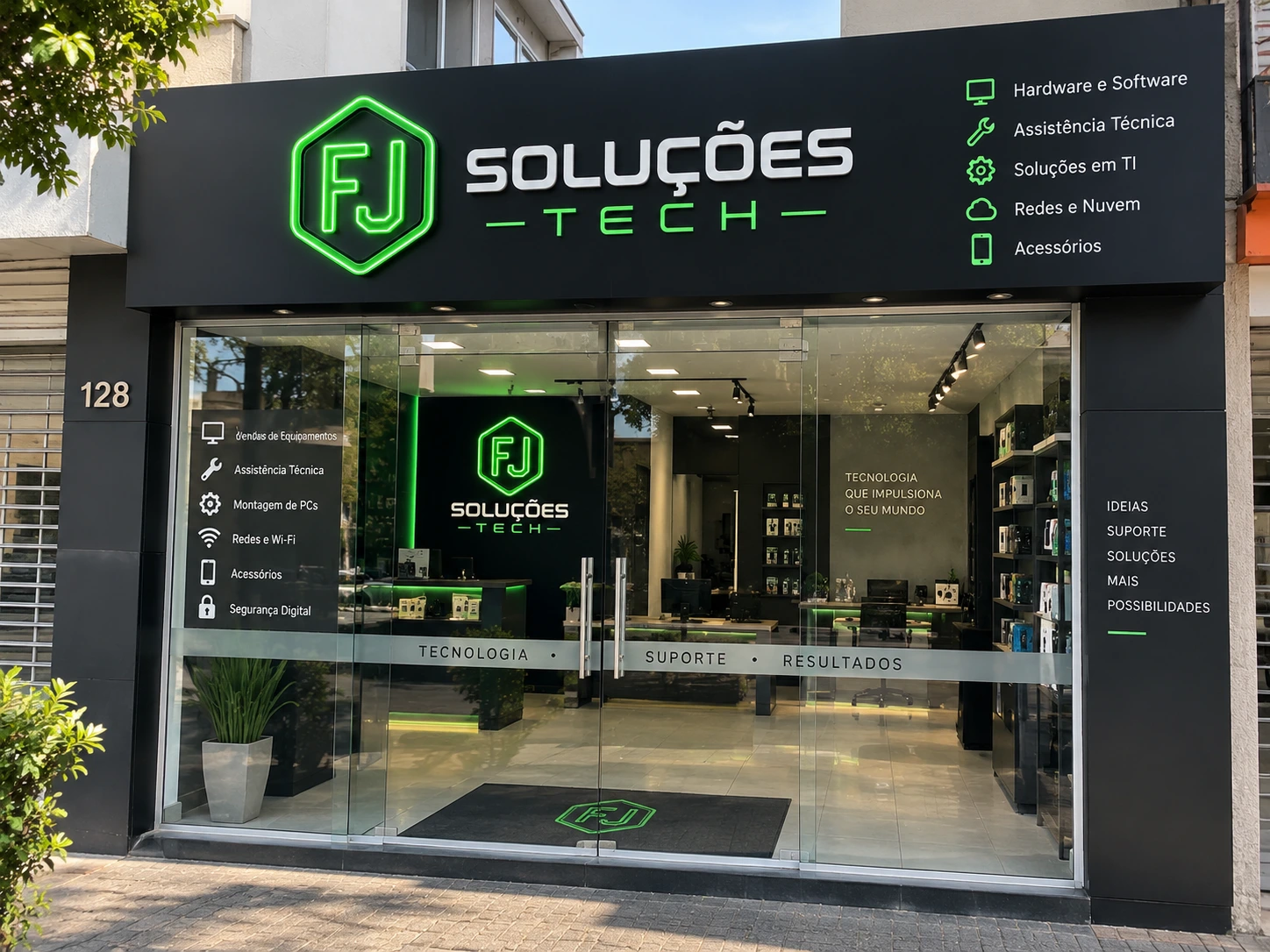 Conceito visual de fachada FJ Soluções Tech durante o dia